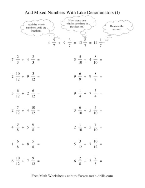 Add Mixed Numbers With Like Denominators (I) Worksheet Add Mixed Numbers With Like Denominators (I) Worksheet