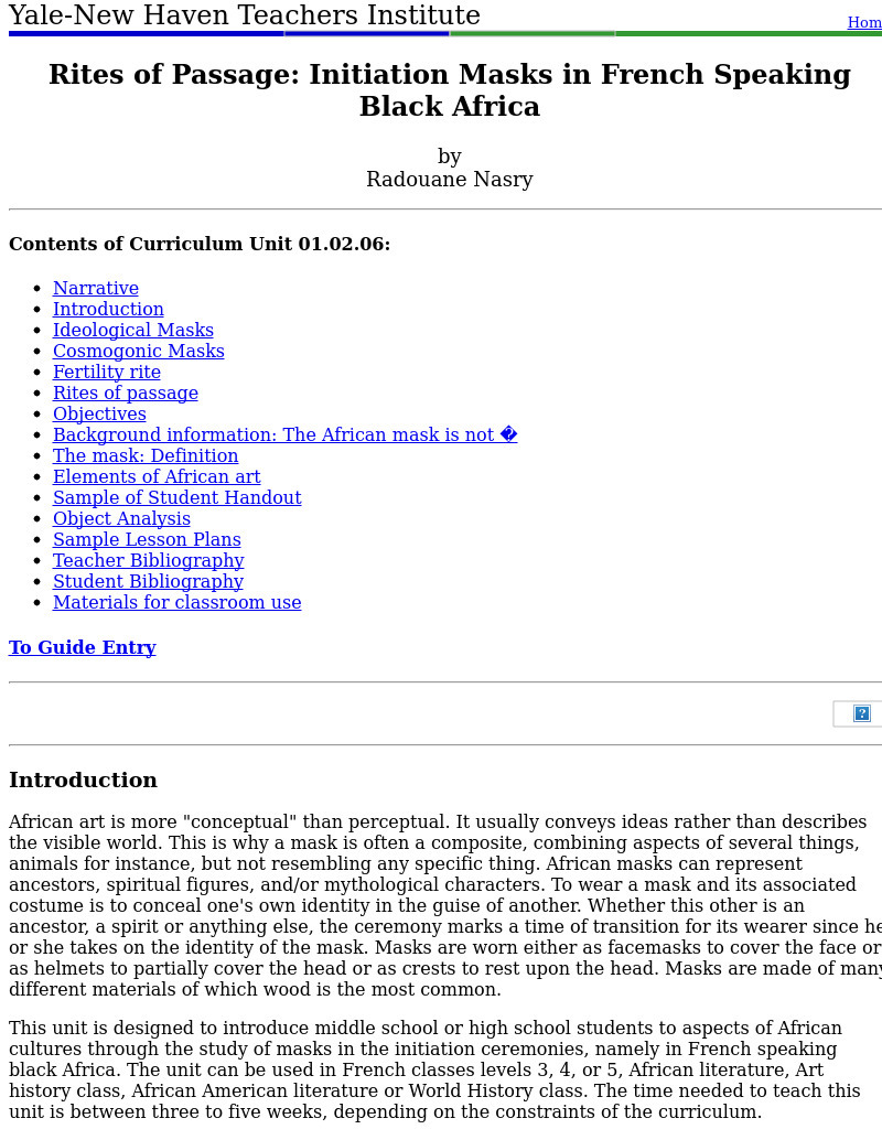 Rites of Passage: Initiation Masks in French Speaking Black Africa Lesson Plan Rites of Passage: Initiation Masks in French Speaking Black Africa Lesson Plan