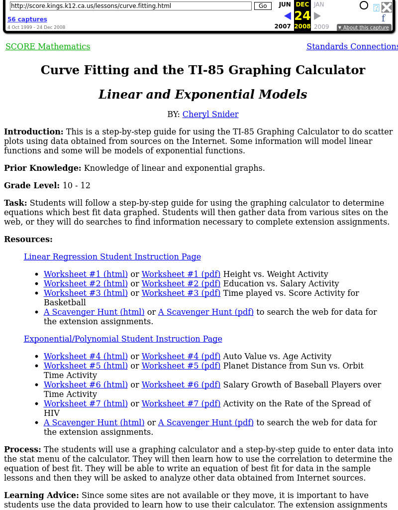 Curve Fitting and the TI-85 Calculator Lesson Plan Curve Fitting and the TI-85 Calculator Lesson Plan