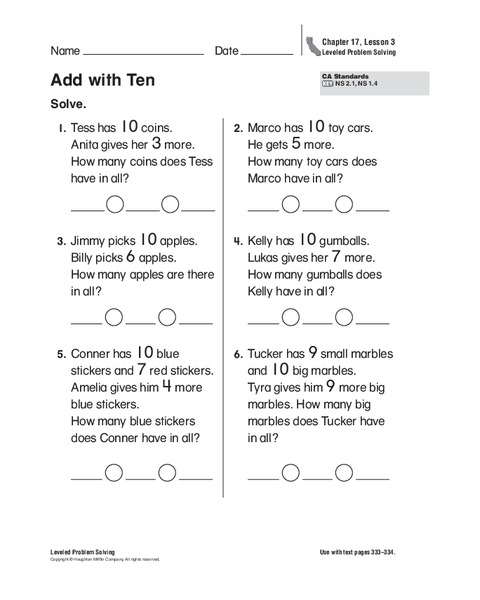 Add With Ten Worksheet Add With Ten Worksheet