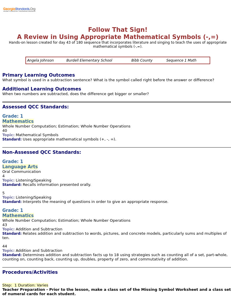 Follow That Sign! A Review in Using Appropriate Mathematical Symbols Lesson Plan Follow That Sign! A Review in Using Appropriate Mathematical Symbols Lesson Plan