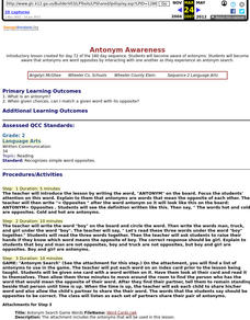 Antonym Awareness Lesson Plan Antonym Awareness Lesson Plan