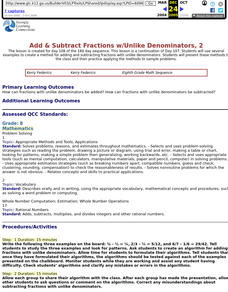 Add & Subtract Fractions w/Unlike Denominators, 2 Lesson Plan Add & Subtract Fractions w/Unlike Denominators, 2 Lesson Plan
