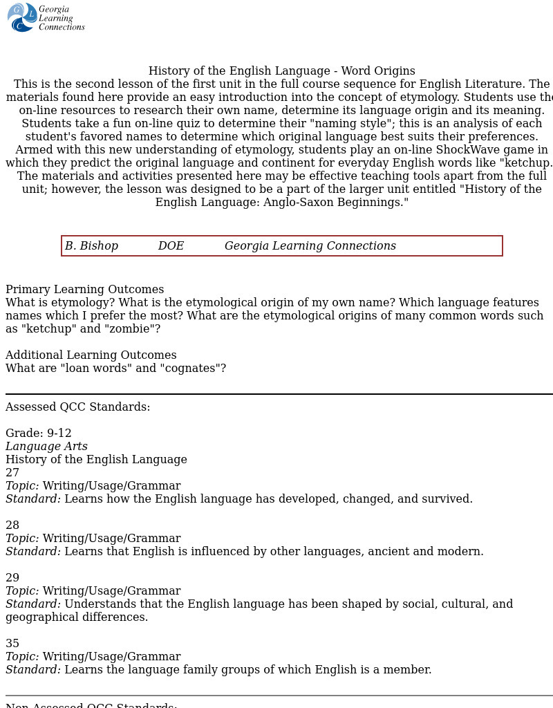 History of the English Language - Word Origins Lesson Plan History of the English Language - Word Origins Lesson Plan