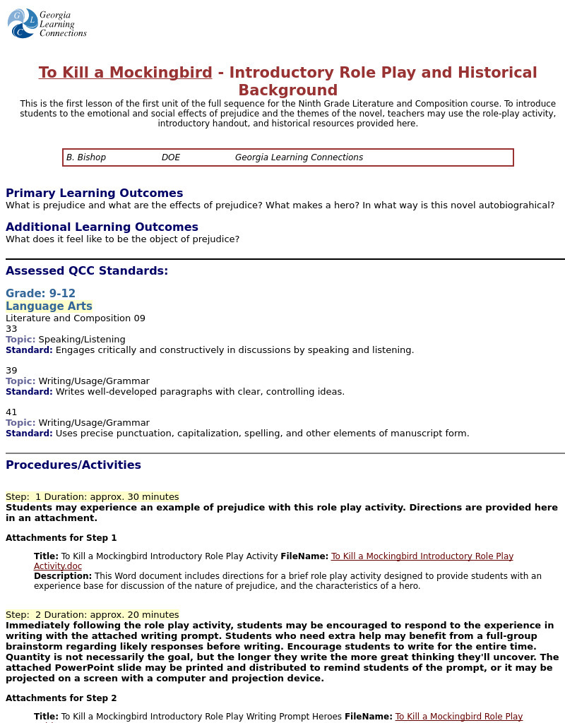 To Kill a Mockingbird - Introductory Role Play and Historical Background Lesson Plan To Kill a Mockingbird - Introductory Role Play and Historical Background Lesson Plan