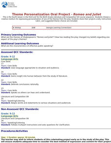 Theme Personalization Oral Project - Romeo and Juliet Lesson Plan Theme Personalization Oral Project - Romeo and Juliet Lesson Plan