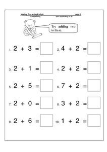 Adding 2 to a Single Digit Worksheet Adding 2 to a Single Digit Worksheet