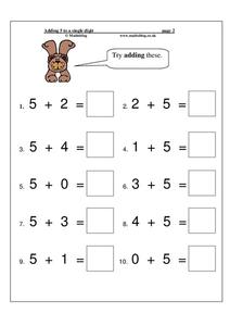 Adding 5 to a Single Digit Worksheet Adding 5 to a Single Digit Worksheet