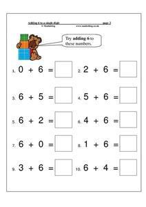 Adding 6 to a Single Digit Worksheet Adding 6 to a Single Digit Worksheet