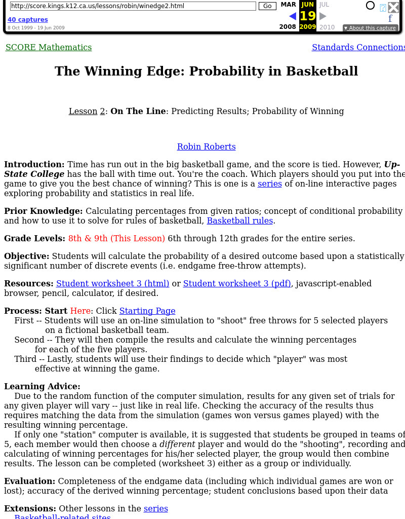 The Winning Edge: Probability in Basketball: Lesson 2 Lesson Plan The Winning Edge: Probability in Basketball: Lesson 2 Lesson Plan