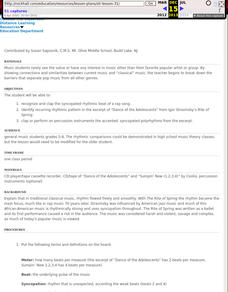 Syncopation and Rhythm in Igor Stravinsky's Rite of Spring and Rap Music Lesson Plan Syncopation and Rhythm in Igor Stravinsky's Rite of Spring and Rap Music Lesson Plan