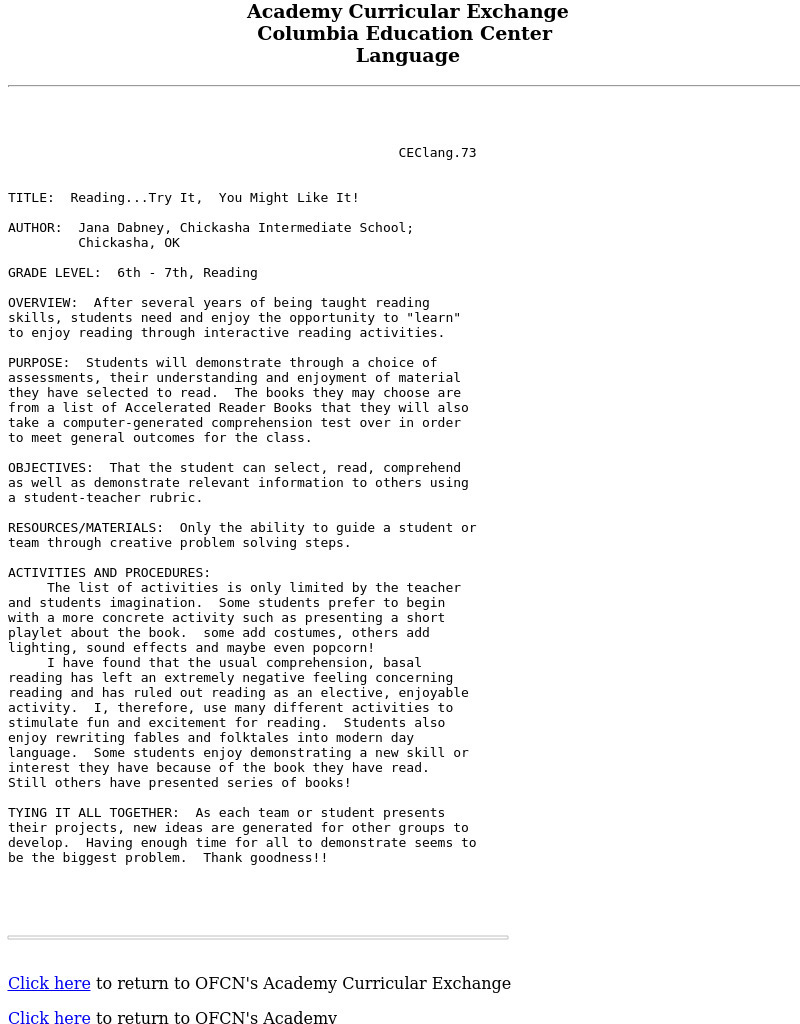 Reading...Try It, You Might Like It! Lesson Plan Reading...Try It, You Might Like It! Lesson Plan