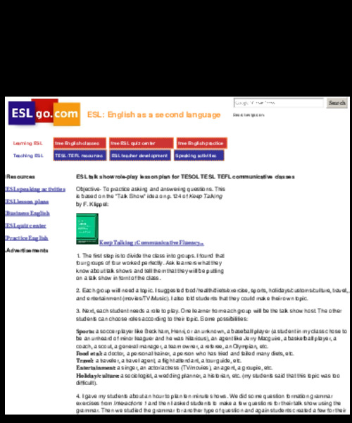 ESL Talk Show Role-Play Lesson Plan Lesson Plan ESL Talk Show Role-Play Lesson Plan Lesson Plan