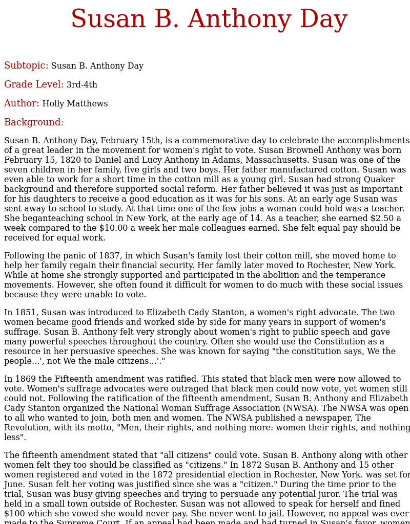 Susan B. Anthony Day Lesson Plan Susan B. Anthony Day Lesson Plan
