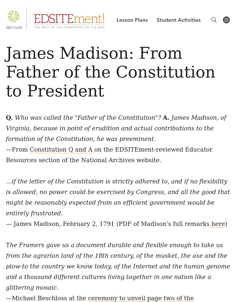 James Madison: From Father of the Constitution to President Lesson Plan James Madison: From Father of the Constitution to President Lesson Plan