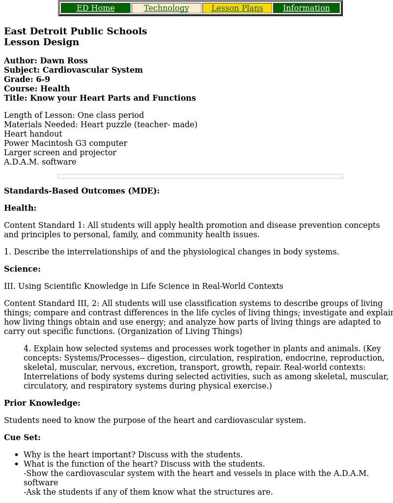 Know your Heart Parts and Functions Lesson Plan Know your Heart Parts and Functions Lesson Plan