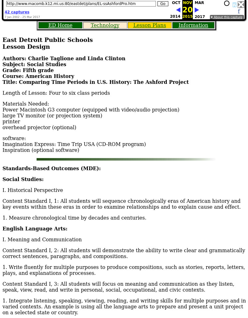 Comparing Time Periods in U.S. History: The Ashford Project Lesson Plan Comparing Time Periods in U.S. History: The Ashford Project Lesson Plan