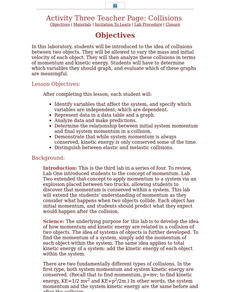 Activity Three Teacher Page: Collisions Lesson Plan Activity Three Teacher Page: Collisions Lesson Plan