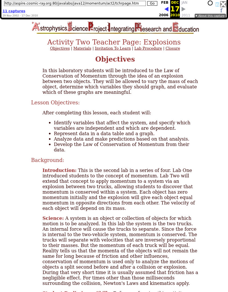 Activity Two Teacher Page: Explosions Lesson Plan Activity Two Teacher Page: Explosions Lesson Plan