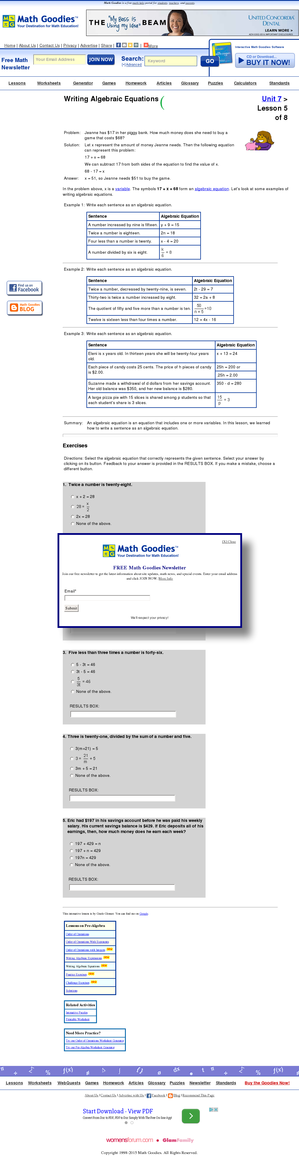 Writing Expressions and Solving Word Problems Writing Expressions and Solving Word Problems