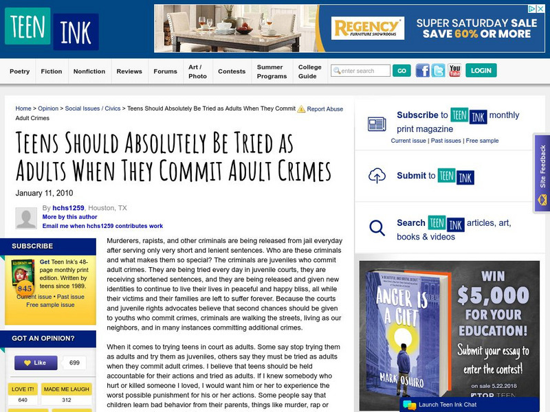 Teen Ink: Opinion: Teens Should Absolutely Be Tried as Adults for Adult Crimes Article Teen Ink: Opinion: Teens Should Absolutely Be Tried as Adults for Adult Crimes Article