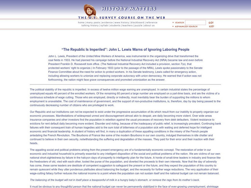 History Matters: "The Republic Is Imperiled": John L. Lewis Warns of Ignoring Laboring People Primary