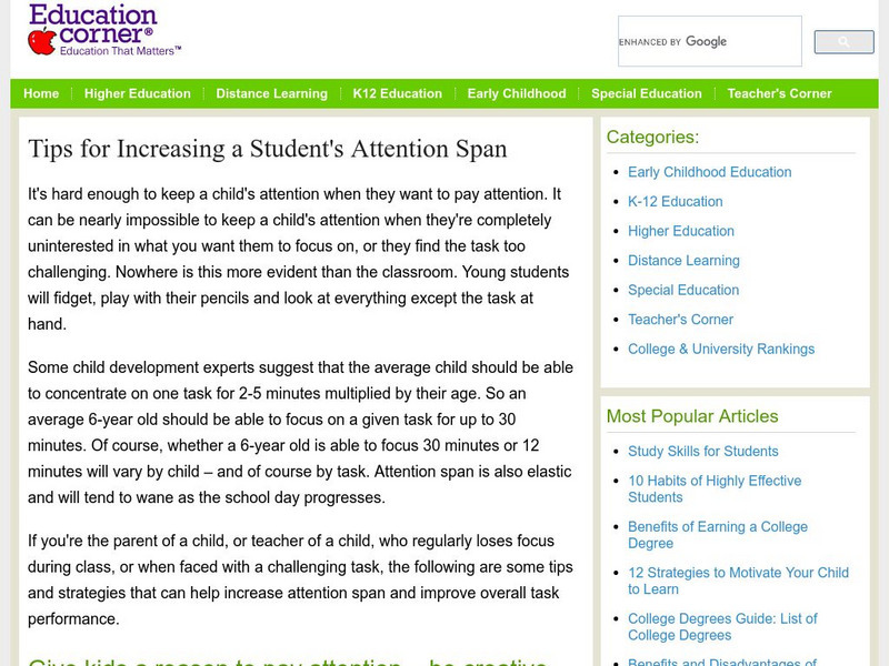 Education Corner: Tips for Increasing a Student's Attention Span Article Education Corner: Tips for Increasing a Student's Attention Span Article