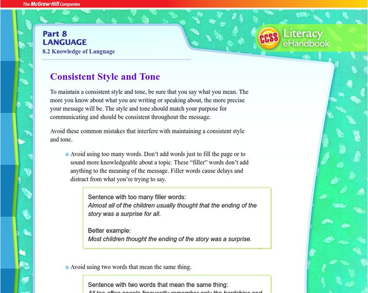 Macmillan/mc Graw Hill: Writing: Consistent Style and Tone Activity Macmillan/mc Graw Hill: Writing: Consistent Style and Tone Activity