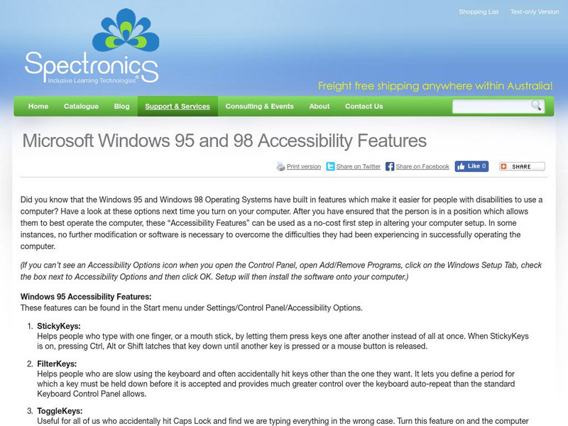 Spectronics: Microsoft Windows 95 and 98 Accessibility Features Article Spectronics: Microsoft Windows 95 and 98 Accessibility Features Article