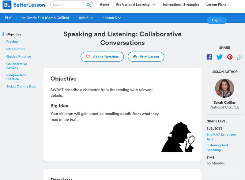 Better Lesson: Speaking and Listening: Collaborative Conversations Lesson Plan Better Lesson: Speaking and Listening: Collaborative Conversations Lesson Plan