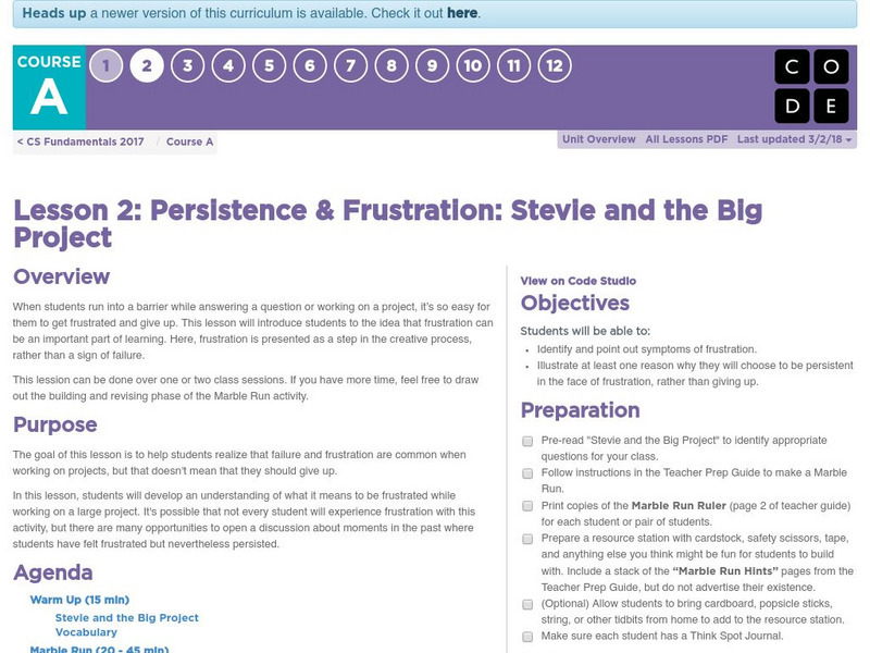 Code.org: Lesson 2: Persistence & Frustration: Stevie and the Big Project Lesson Plan