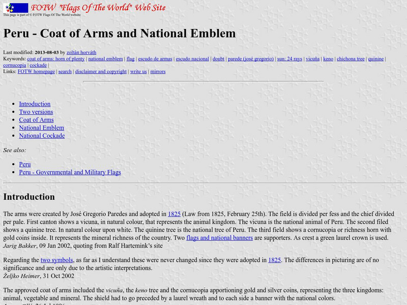 Flags of the World: Peruvian Coat of Arms and National Emblem Handout