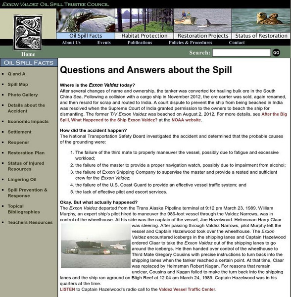 Exxon Valdez Oil Spill Trustee Council: Questions and Answers Handout Exxon Valdez Oil Spill Trustee Council: Questions and Answers Handout