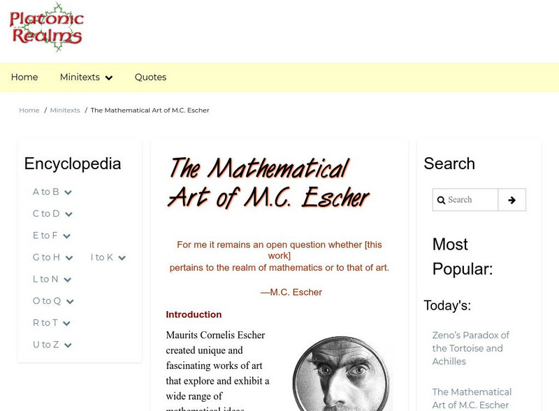 Platonic Realms: The Mathematical Art of m.c. Escher Handout Platonic Realms: The Mathematical Art of m.c. Escher Handout