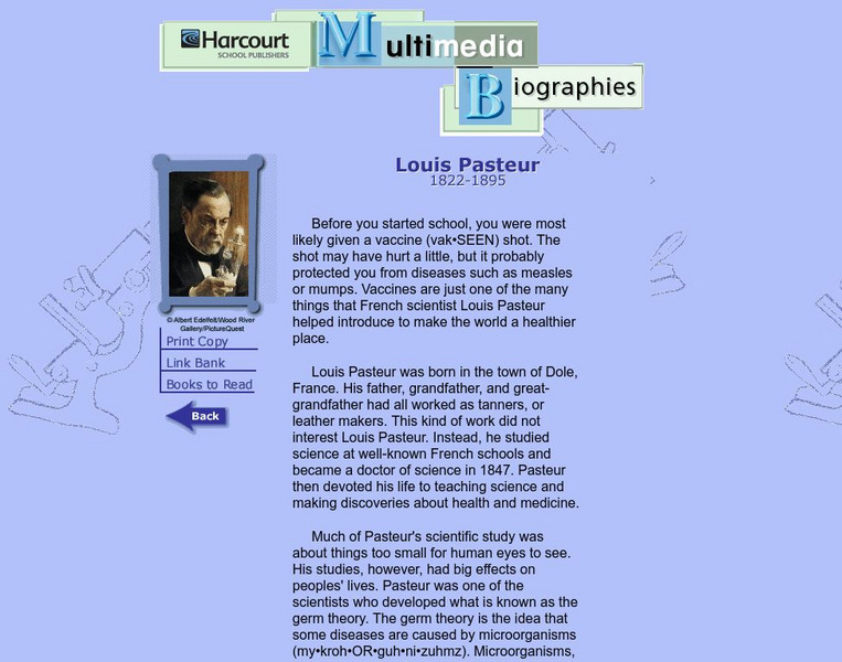 Harcourt: Biographies: Louis Pasteur Website