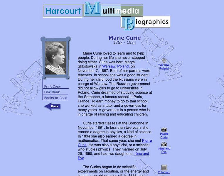 Harcourt: Biographies: Marie Curie Website Harcourt: Biographies: Marie Curie Website