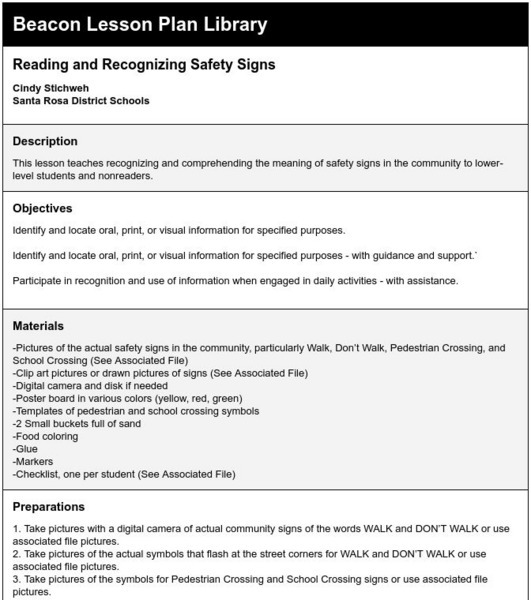 Beacon Learning Center: Reading and Recognizing Safety Signs Lesson Plan Beacon Learning Center: Reading and Recognizing Safety Signs Lesson Plan