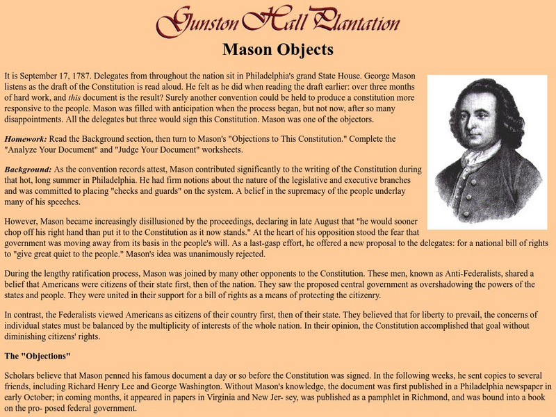 Gunston Hall Plantation: Mason Objects Lesson Plan Gunston Hall Plantation: Mason Objects Lesson Plan