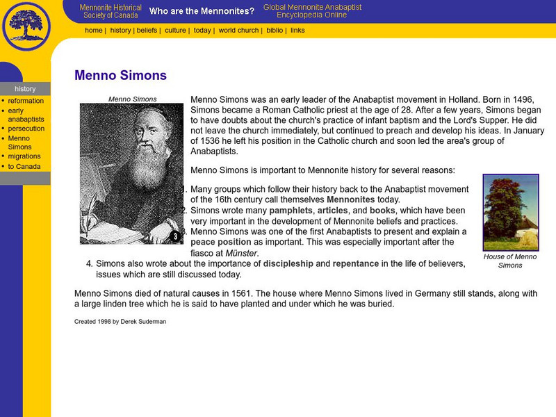 Mennonite Encyclopedia: Menno Simons Handout Mennonite Encyclopedia: Menno Simons Handout