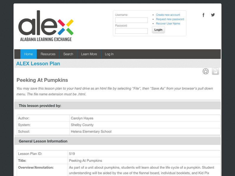 Alex: Peeking at Pumpkins Lesson Plan Alex: Peeking at Pumpkins Lesson Plan