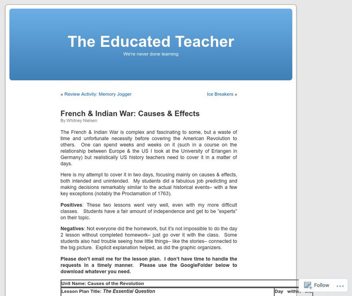 The Educated Teacher: French & Indian War: Causes & Effects Lesson Plan