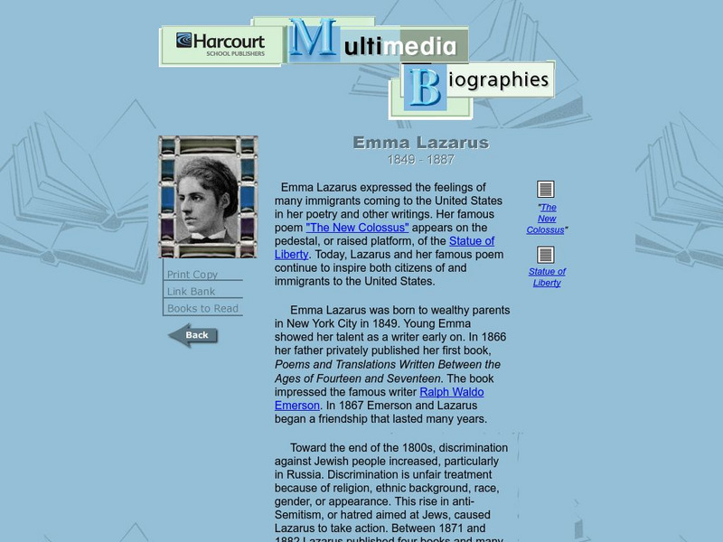 Harcourt: Biographies: Emma Lazarus Website Harcourt: Biographies: Emma Lazarus Website