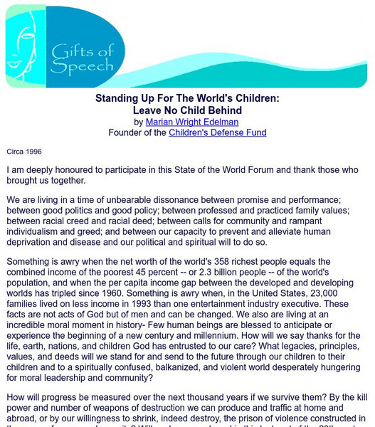 Gifts of Speech: Marian Wright Edelman: Standing Up for the World's Children Primary Gifts of Speech: Marian Wright Edelman: Standing Up for the World's Children Primary