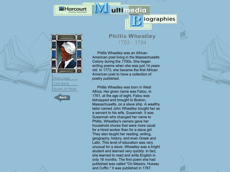 Harcourt: Biographies: Phillis Wheatley Website Harcourt: Biographies: Phillis Wheatley Website