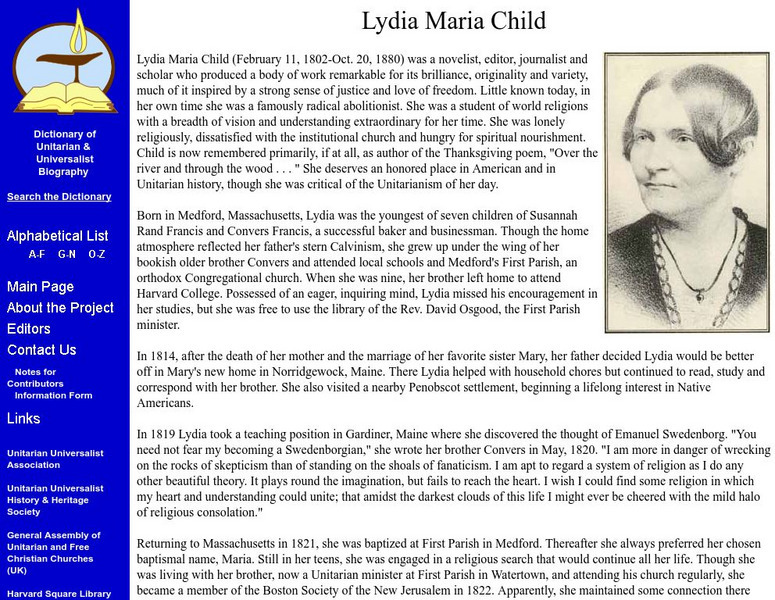 Unitarian Universalist Biographical Dictionary: Lydia Maria Child Handout Unitarian Universalist Biographical Dictionary: Lydia Maria Child Handout