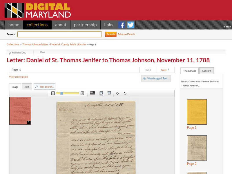 Digital Maryland: Letter From Daniel St. Thomas Jenifer to Johnson 1788 Primary Digital Maryland: Letter From Daniel St. Thomas Jenifer to Johnson 1788 Primary