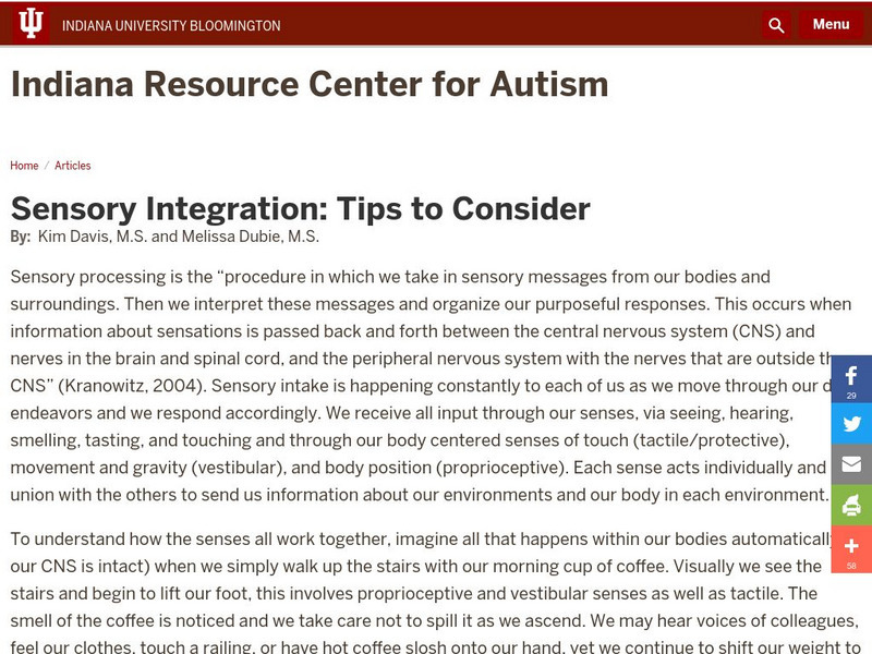 Indiana University: Sensory Integration: Tips to Consider Article Indiana University: Sensory Integration: Tips to Consider Article