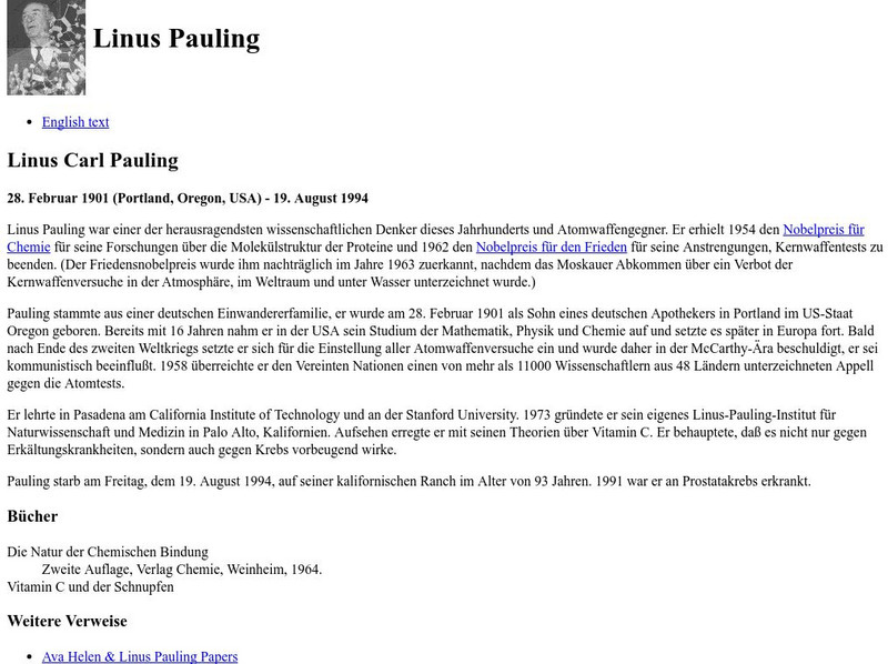 Institut Fur Chemi: Linus Pauling (German and English) Website Institut Fur Chemi: Linus Pauling (German and English) Website