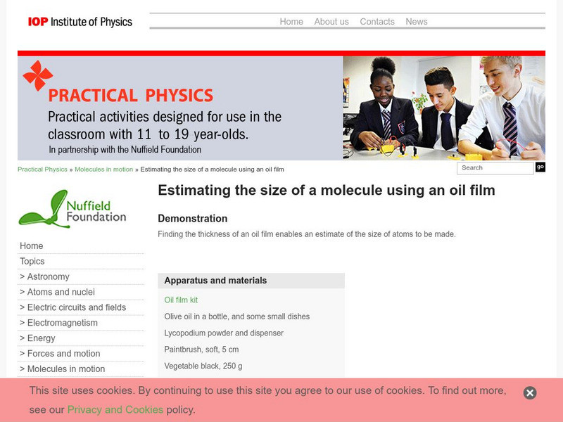 Institute of Physics: Estimating the Size of a Molecule Using an Oil Film Activity Institute of Physics: Estimating the Size of a Molecule Using an Oil Film Activity