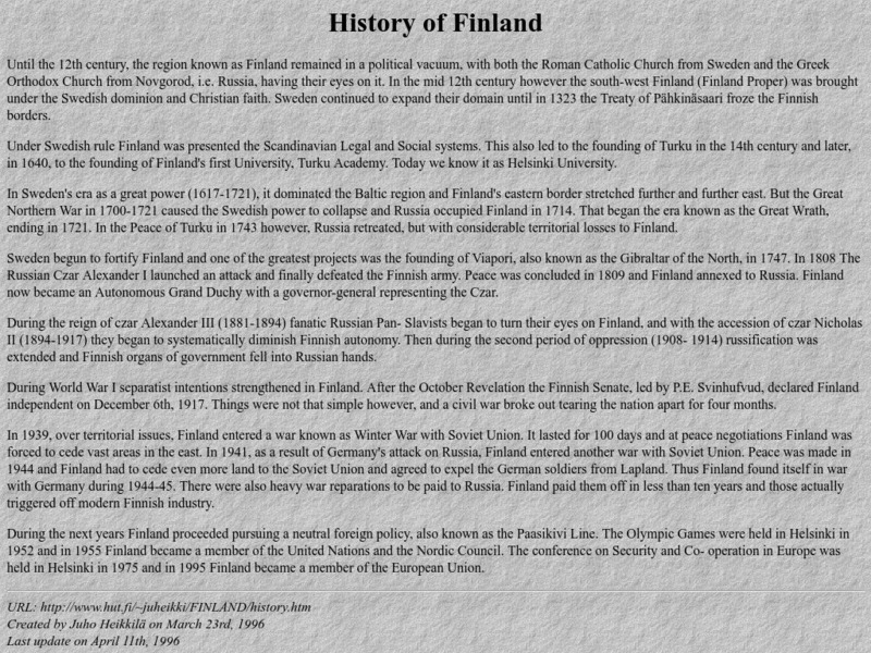Helsinki University of Technology: History of Finland Handout